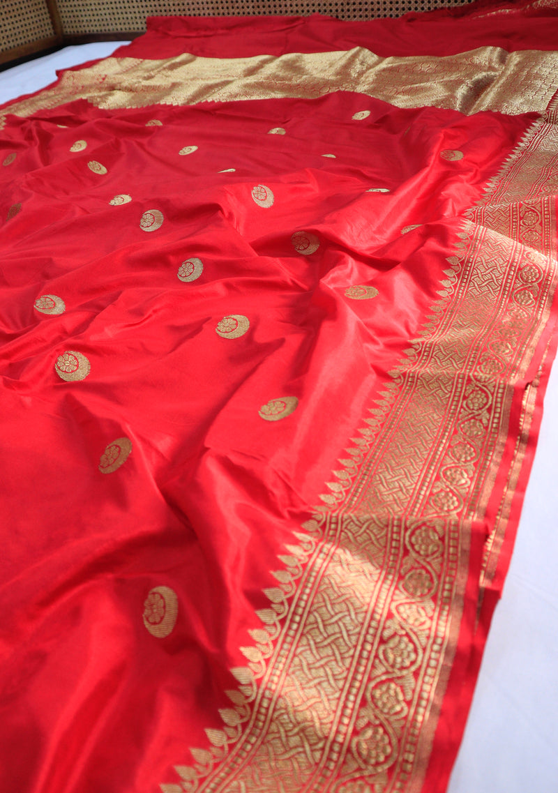 Red Katan Silk Saree With Chand Motifs