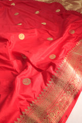 Red Katan Silk Saree With Chand Motifs