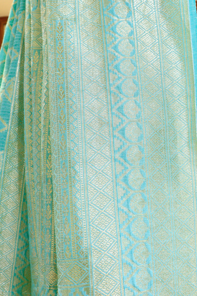 Turquoise Linen Tussar Saree