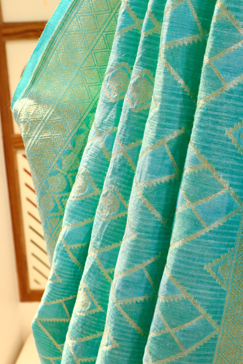 Turquoise Linen Tussar Saree