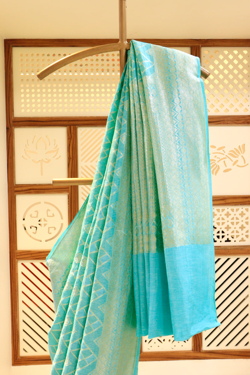 Turquoise Linen Tussar Saree