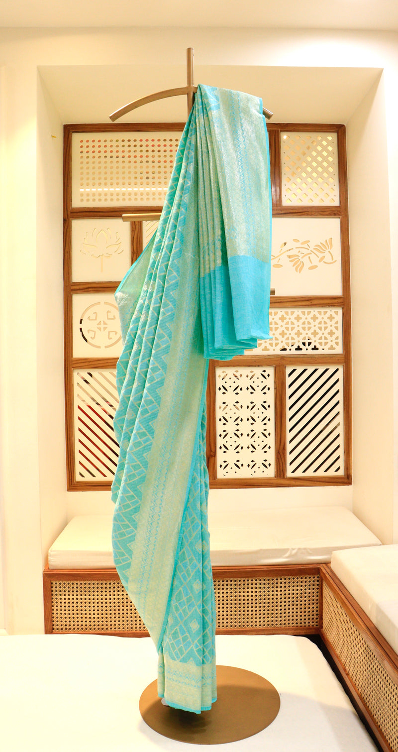 Turquoise Linen Tussar Saree