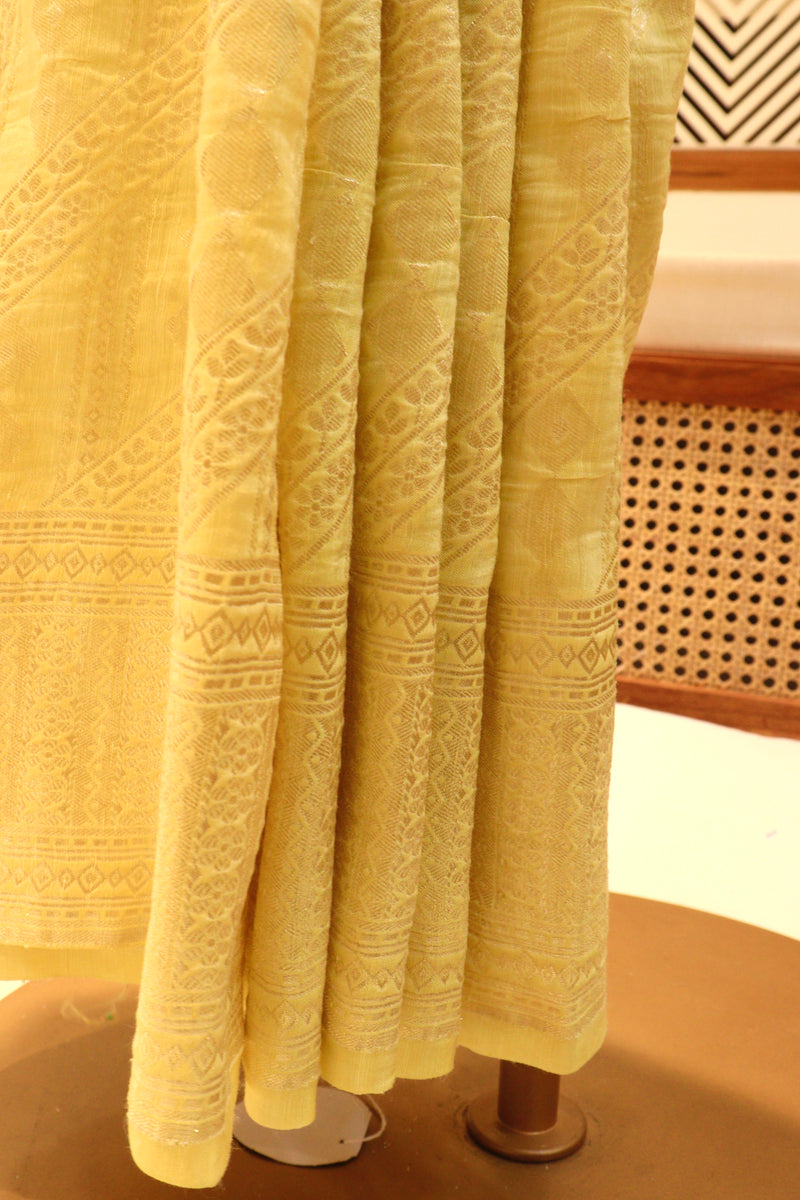 Straw Yellow Linen Tussar Saree