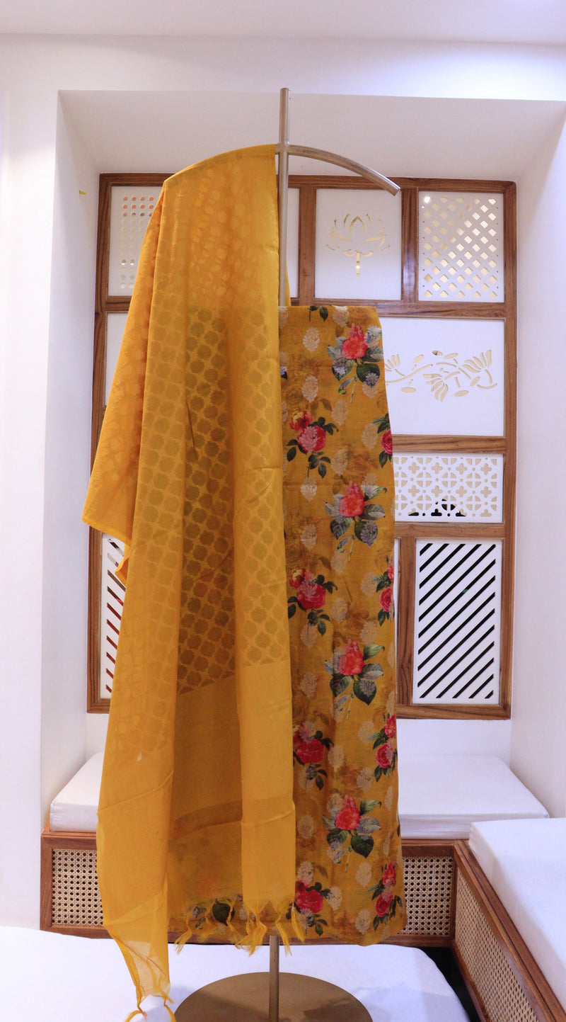 Printed Cotton Chanderi Suit With Zari Motif