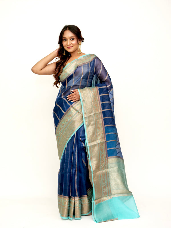 Organza German Blue Banarasi Saree