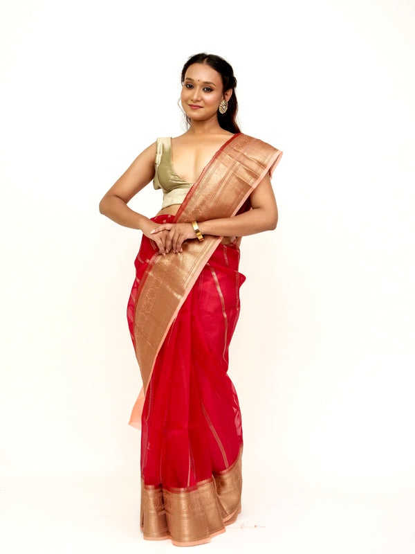 Organza True Red Banarasi Saree