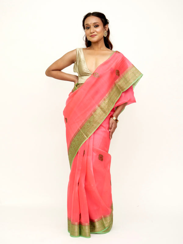 Organza Watermelon Pink Banarasi Saree