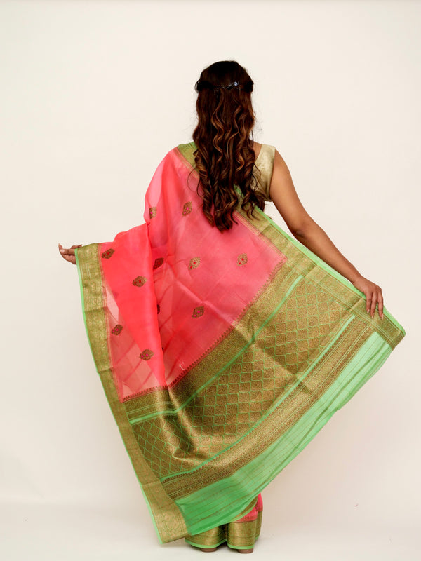 Organza Watermelon Pink Banarasi Saree