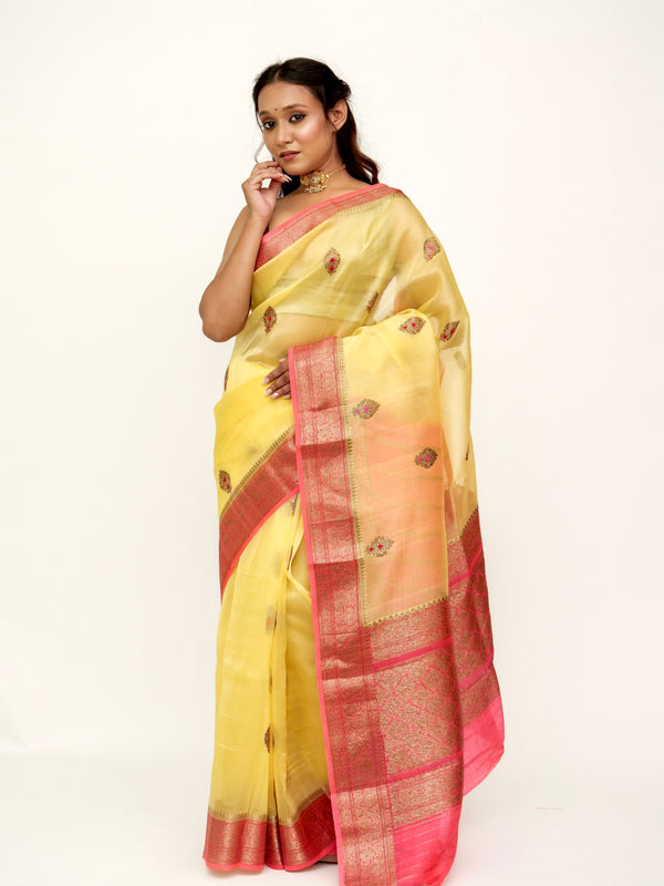 Organza Light Yellow Banarasi Saree