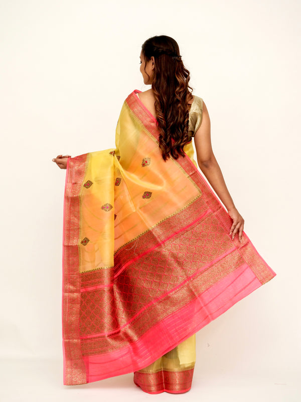 Organza Light Yellow Banarasi Saree