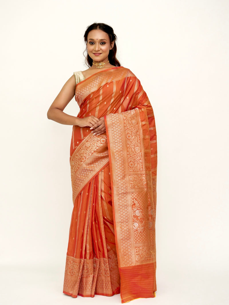 Semi Silk Pumpkin Orange Banarasi Saree