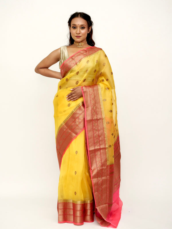 Organza Yellow Banarasi Saree Pink Border