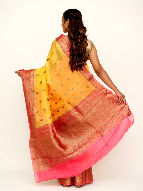 Organza Yellow Banarasi Saree Pink Border