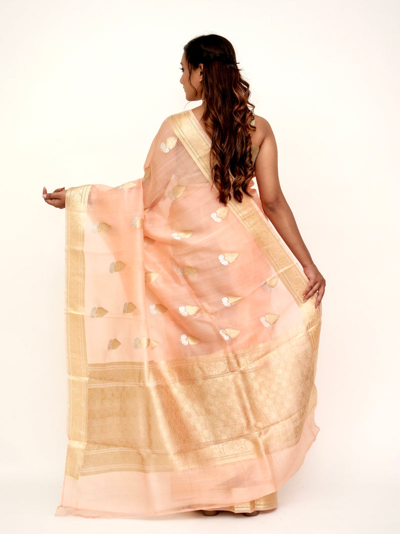 Organza Light Peach Banarasi Saree