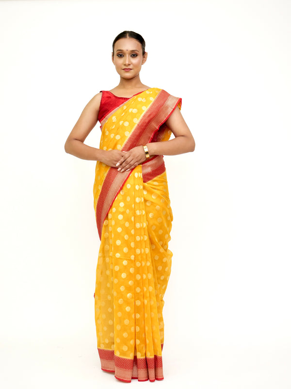 Yellow Red Moonga Silk Banarasi Saree
