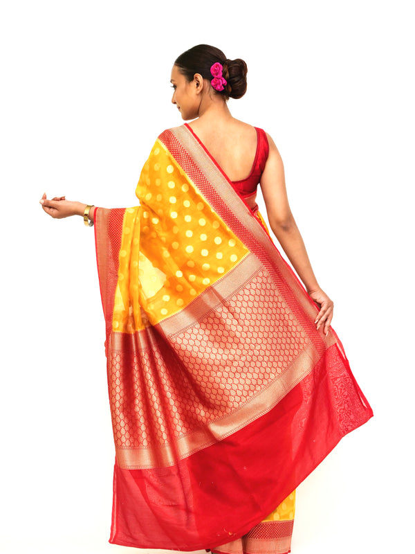 Yellow Red Moonga Silk Banarasi Saree