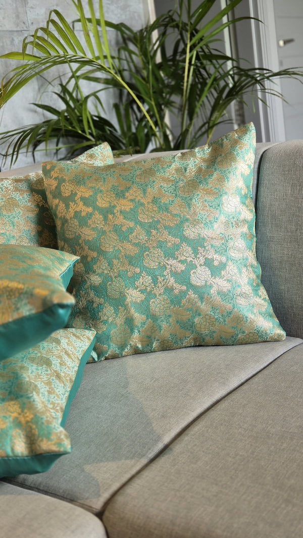 Mint Green Coloured Tanchoi Cushion Cover With Zari Weaving