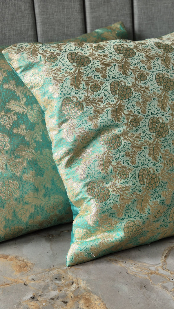 Mint Green Coloured Tanchoi Cushion Cover With Zari Weaving
