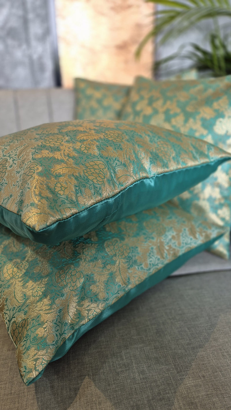 Mint Green Coloured Tanchoi Cushion Cover With Zari Weaving