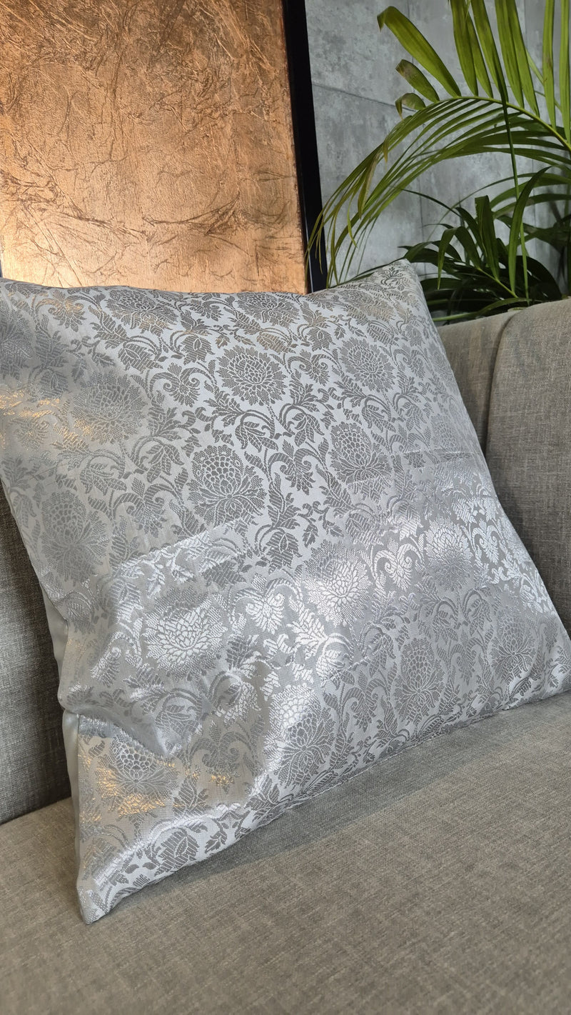 Grey coloured Tanchoi Cushion Cover With Zari Weaving