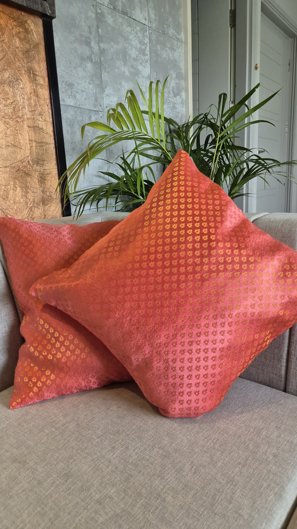 Pink Coloured Satin Silk Cushion Cover With Zari Motifs