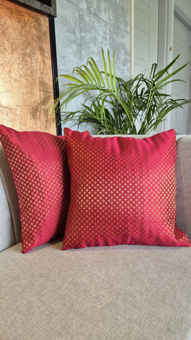 Maroon Coloured Satin Silk Cushion Cover With Zari Motifs