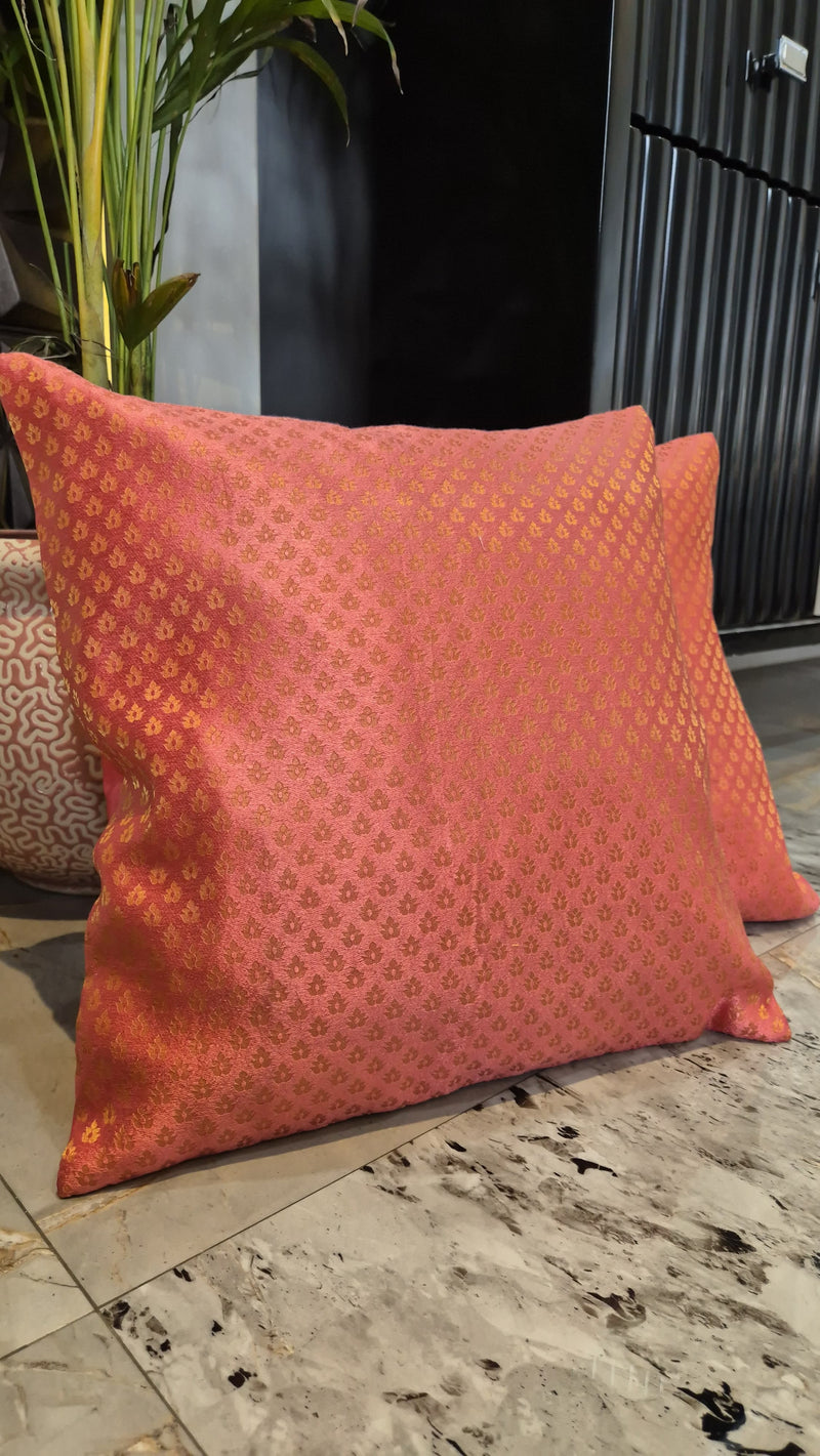 Pink Coloured Satin Silk Cushion Cover With Zari Motifs