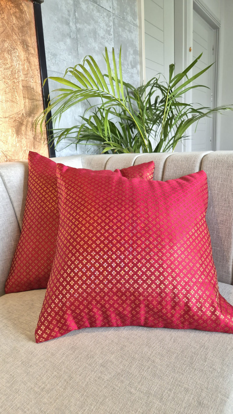 Maroon Coloured Satin Silk Cushion Cover With Zari Motifs